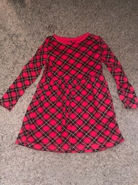 Girls Red Plaid Long-Sleeve Gathered Waist Dress